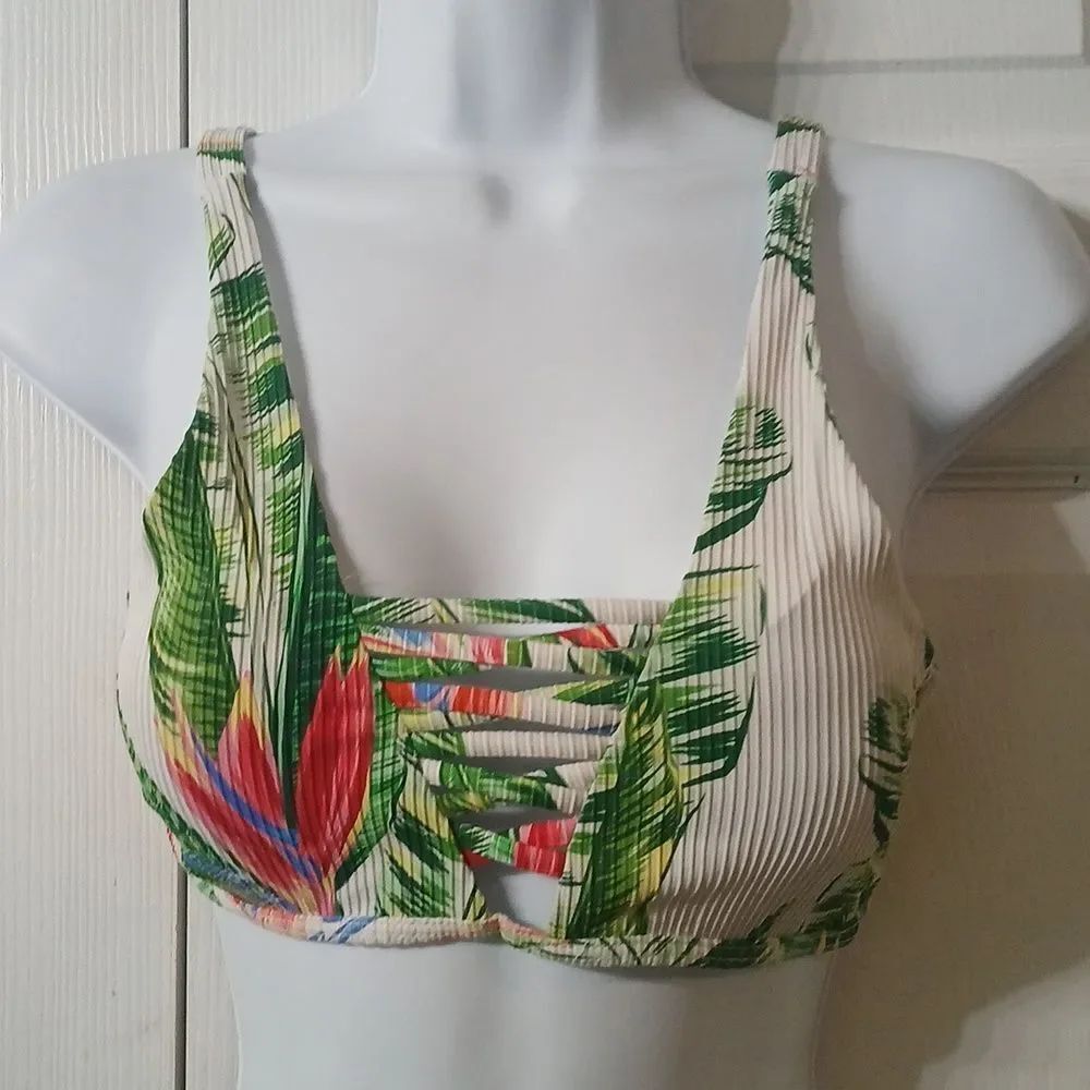 Ribbed  tropical Hawaiian print bikini top Sz M  NWOT